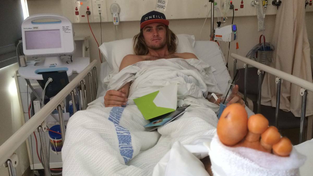 Surfer Ryan Hunt in hospital after his encounter with a shark back in October 2014. Pic: Carl Muxlow