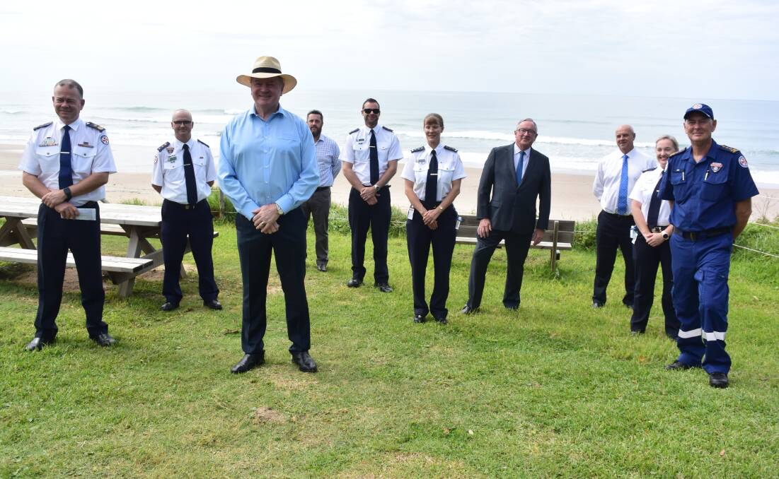 Member for Myall Lakes Stephen Bromhead, NSW Health Minister Brad Hazzard with local paramedics earlier this year.