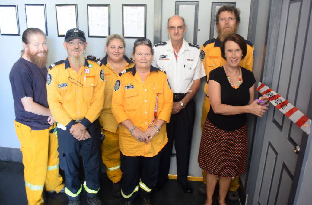 New facilities: Scott Lattin, senior deputy Robert Collins, Sherrie Gaul, captain Joanne Collins, area group officer Arthur Southwell, Silas Darnell and Member for Port Macquarie Leslie Williams at the official opening of the kitchen and bathroom. Photo: Rob Douglas. 