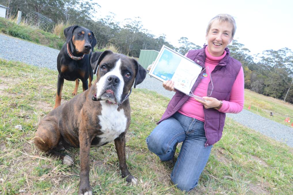 Dog friendly: Di Denton pictured with the MidCoast Business Chamber excellence in tourism and hospitality award for Seahorse Diamond Beach. Photo: Scott Calvin.