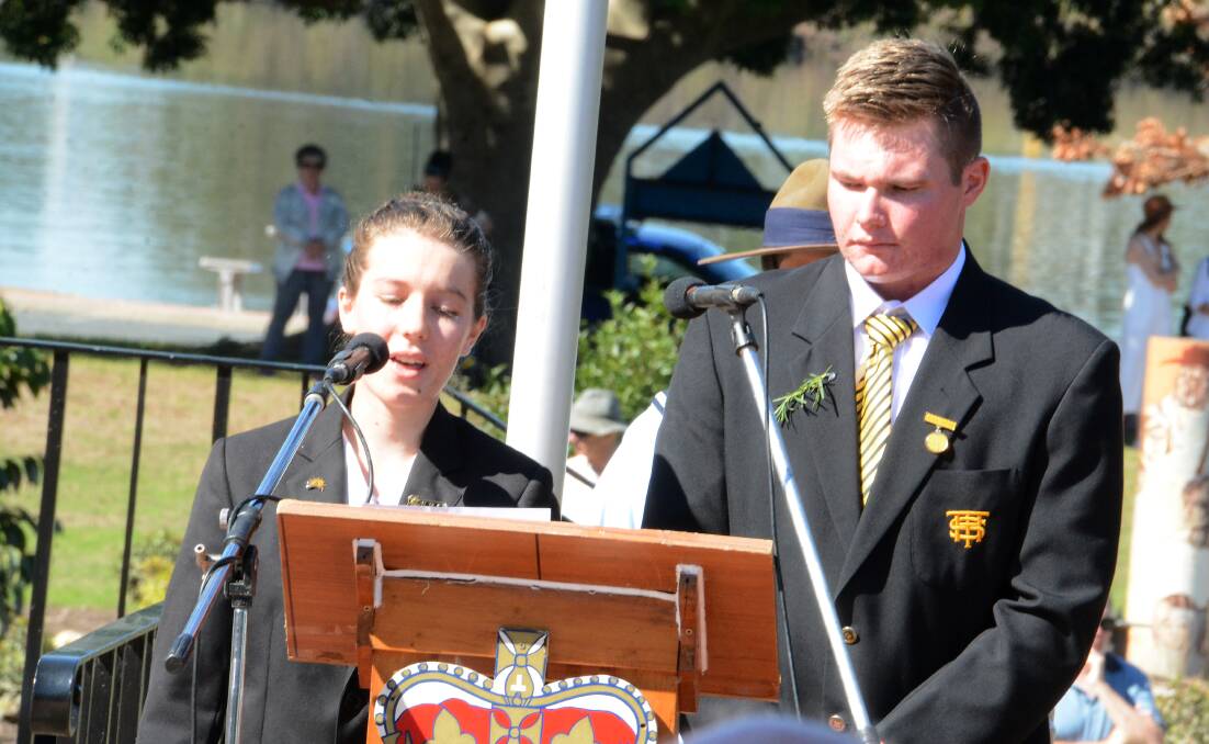Amber and fellow school captain Lucas Kloosterhof speaking at the Taree Anzac Day service.