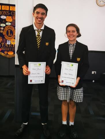 Taree Lions Club Youth of the Year winner Amber Kelleher (right) with fellow entrant Samuel Moss. Amber has qualified for the regional final, which will be held in Taree in March.