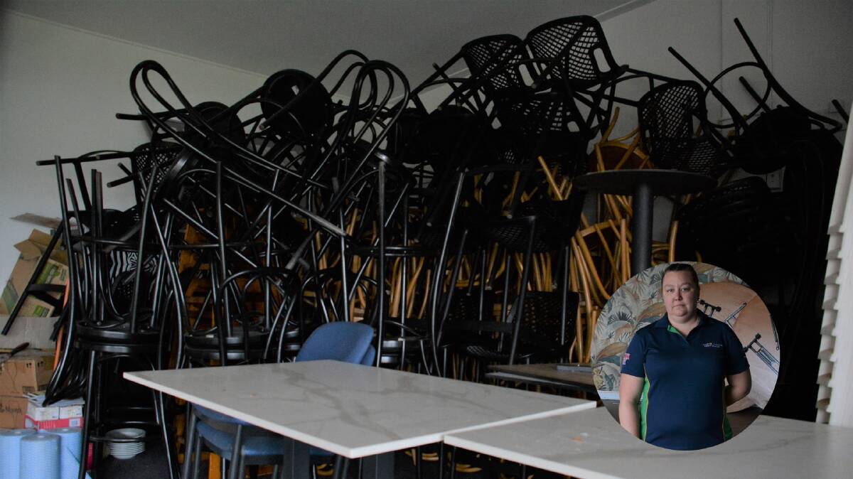 Chairs piled up inside The Waterfront Pavilion. Licensee Carly Sims (inset) said the floor must be repaired before the restaurant can reopen.