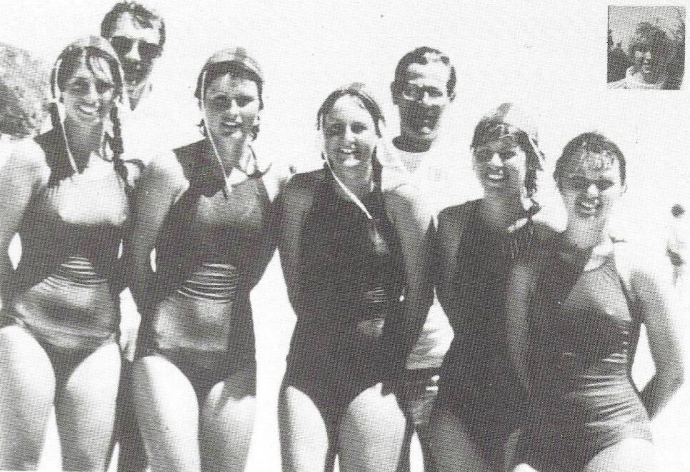 The first female bronze medal holders for Taree Old Bar Karen Sawyer, Toni Letchford, Maxine Goodyer, Sue Ellen Goodyer, Tanya Bridge and Narelle Salmon (inset) with examiner Trevor Lambert and instructor Paul Goodyer.