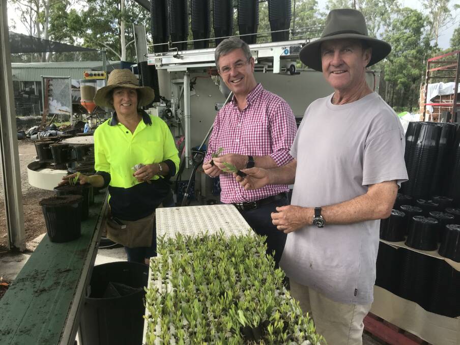 Parkland Nursery's Leah and Bernard Hunt with Member for Lyne Dr Gillespie earlier this week. The Tinonee business was impacted by the 2019 bushfire crisis.