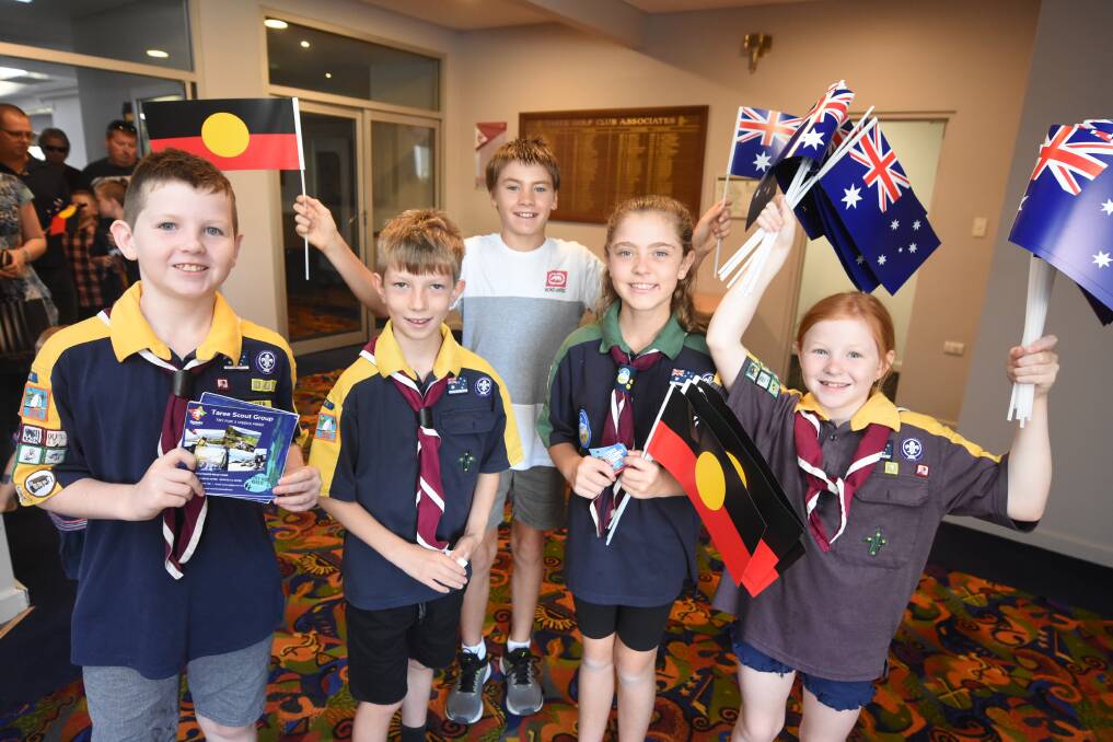 Aussie, Aussie, Aussie: Angus and Brianna Abel, Lucas Lamden, Sam Eggins and Chloe Langley at the 2019 Australia Day ceremony. A regional ceremony will be held for the first time in 2020. Photo: Scott Calvin.
