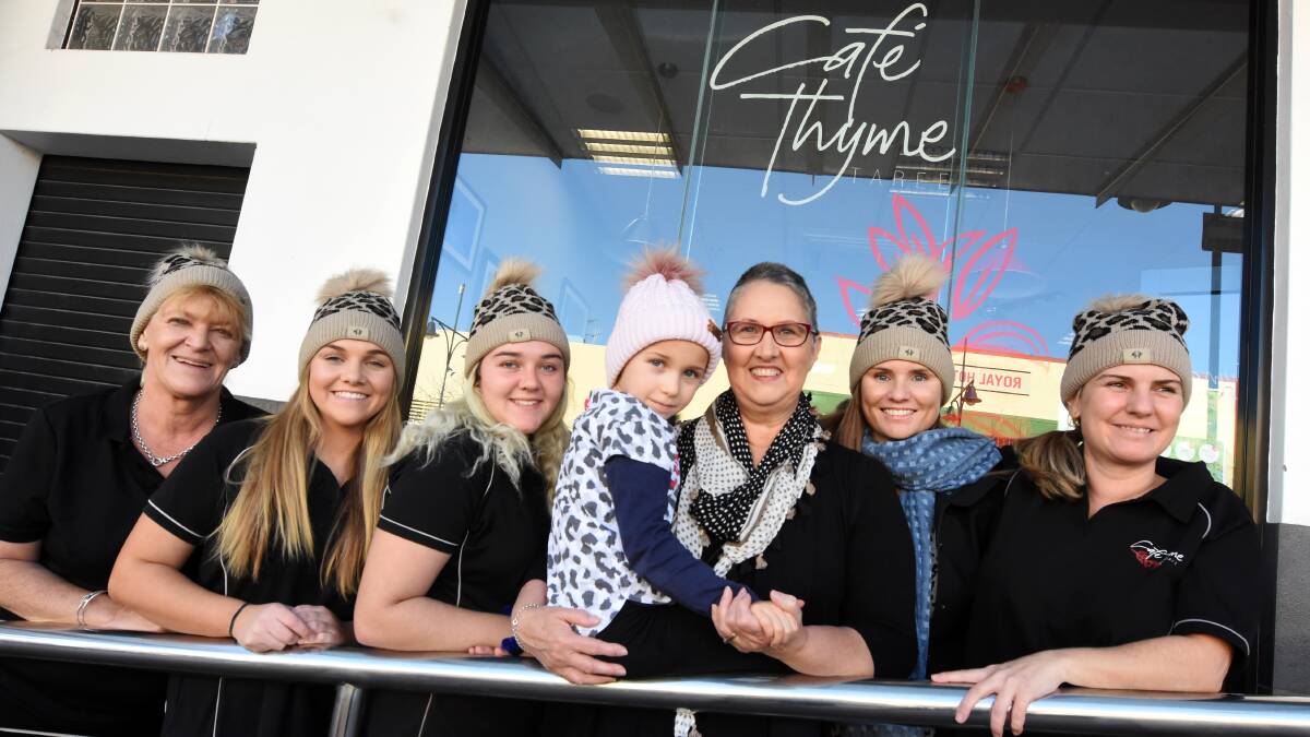 Cafe Thyme staff pictured with brain cancer patient Halle Kiehne and her grandmother Sharon Smyth before the fundraiser. In just one week, the cafe raised $3200 for the Mark Hughes Foundation. Photo: Scott Calvin.