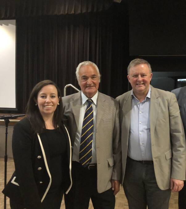 Labor candidate for Lyne Phil Costa (middle) with NSW Labor general secretary Kaila Murnain and Shadow Minister for Infrastructure Anthony Albanese at the Country Labor conference at Forster.