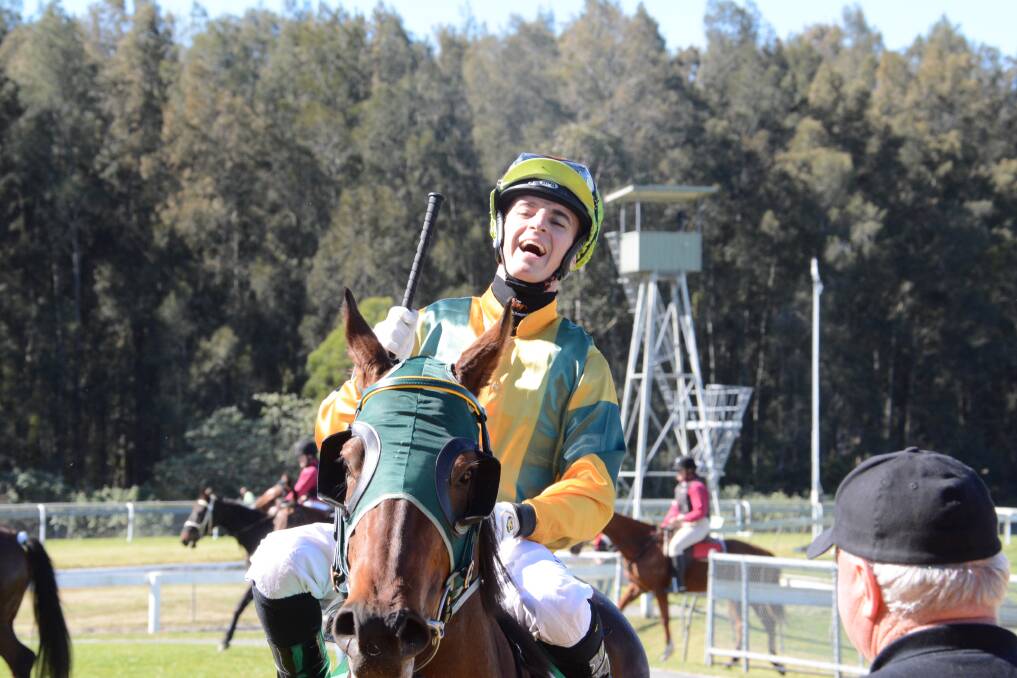 A very happy Josh Adams rode Eye Was to a win in the Taree Leagues and Sports Club Maiden Handicap. Photo: Rob Douglas. 
