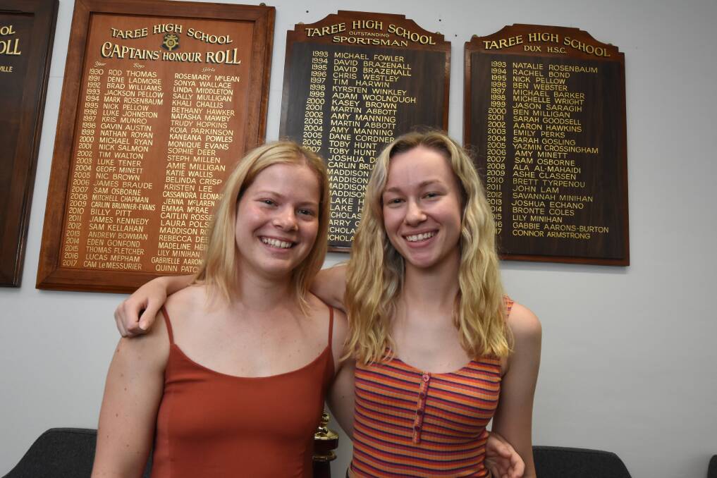 Taree High School students Nicola Searles and Ella Simpson after learning of their HSC and ATAR results. Photo: Scott Calvin. 