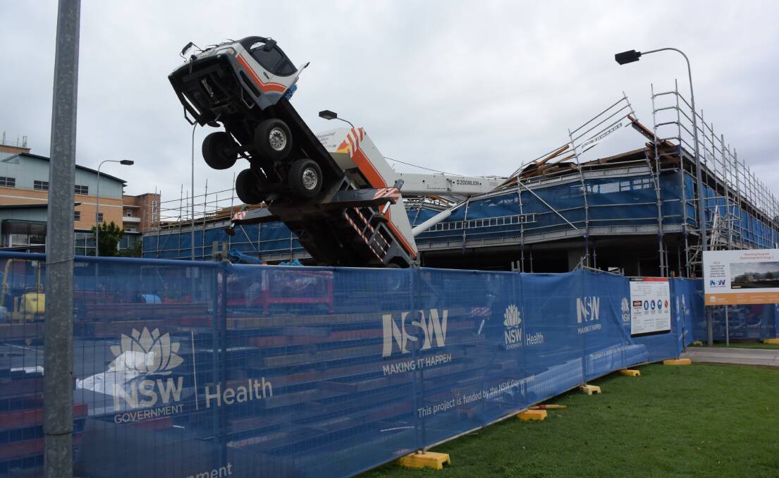 A crane collapsed during construction of the Manning Hospital car park in May this year. 
