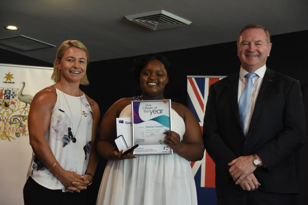 Marylyn accepted the award from Taree Australia Day ambassador Kylie Hilder and Member for Myall Lakes Stephen Bromhead. Photo: Scott Calvin. 