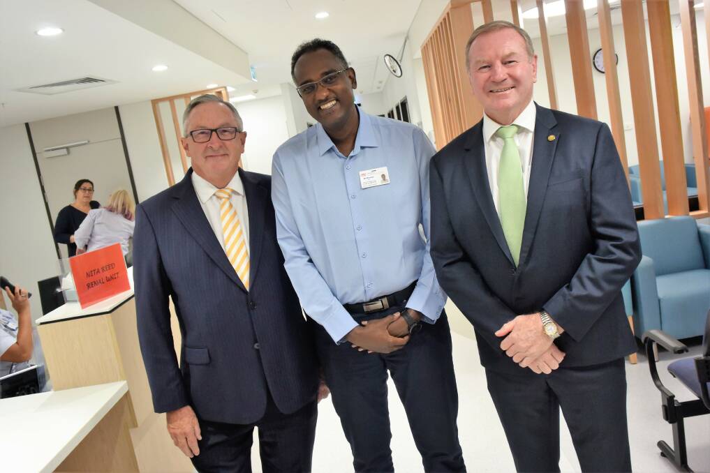 NSW Health Minister Brad Hazzard, acting director of clinical services Dr Osama Ali and Member for Myall Lakes Stephen Bromhead in the new outpatients building at Manning Hospital. Photo: Rob Douglas.