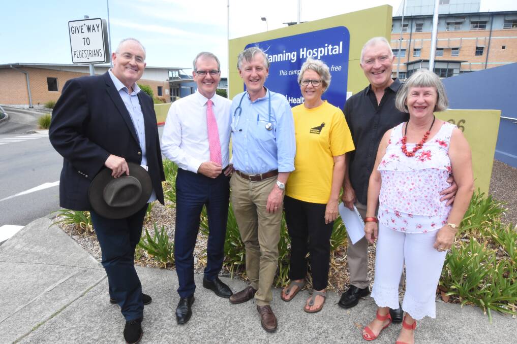 Pledge: NSW Shadow Health Minister Walt Secord, NSW Opposition Leader Michael Daley, Labor candidate for Myall Lakes Dr David Keegan, Manning Valley Push 4 Palliative spokesperson Robyn Lee, Eddie and Trish Wood outside of Manning Hospital. Photo: Scott Calvin