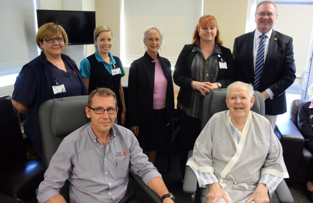 Patient comfort: Palliative care nurse specialist Sally Drury, Vital Living's Zack Dulivic, Melissa Minard, Push 4 Palliative chairperson Judy Hollingworth, Manning Hospital general manager Jodi Nieass, Myall Lakes MP Stephen Bromhead and George Hodgson at the inspection of the new pressure relieving chairs.