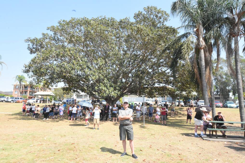 The vessel launch, near Manning River Rowing Club, drew many interested onlookers. Photo: Scott Calvin.