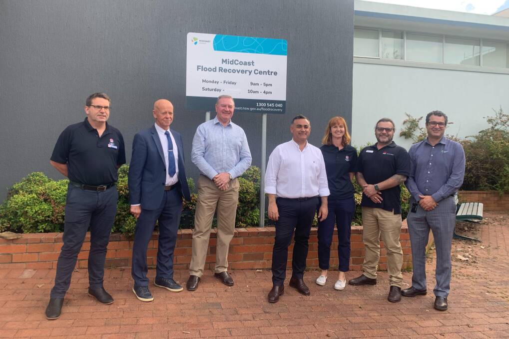 Mr Bromhead and Mr Barilaro with Resilience NSW and disaster welfare staff, MidCoast Council general manager Adrian Panuccio and mayor David West at the recovery centre in Taree.