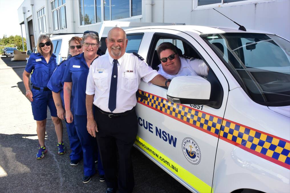 Happy days: Crowdy Harrington Marine Rescue members (left to right) Maria Seach (operations), Mary Thomas (treasurer/ administration), Susan Worsley (training officer), Leon Elelman (deputy unit commander) and Bek Brown (unit commander) after picking up their new vehicles. Photo: Rob Douglas.