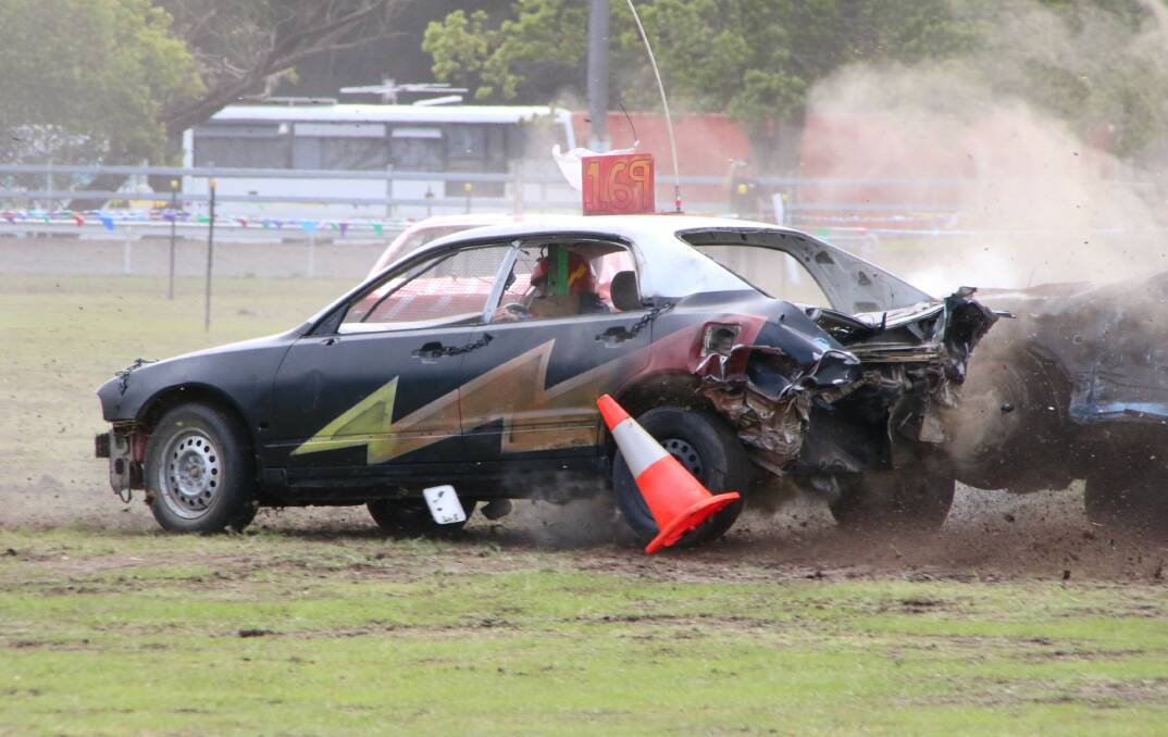 The crash that caused a 24-year-old man to be injured at the Taree Show smash up derby. Photo: David Powell.
