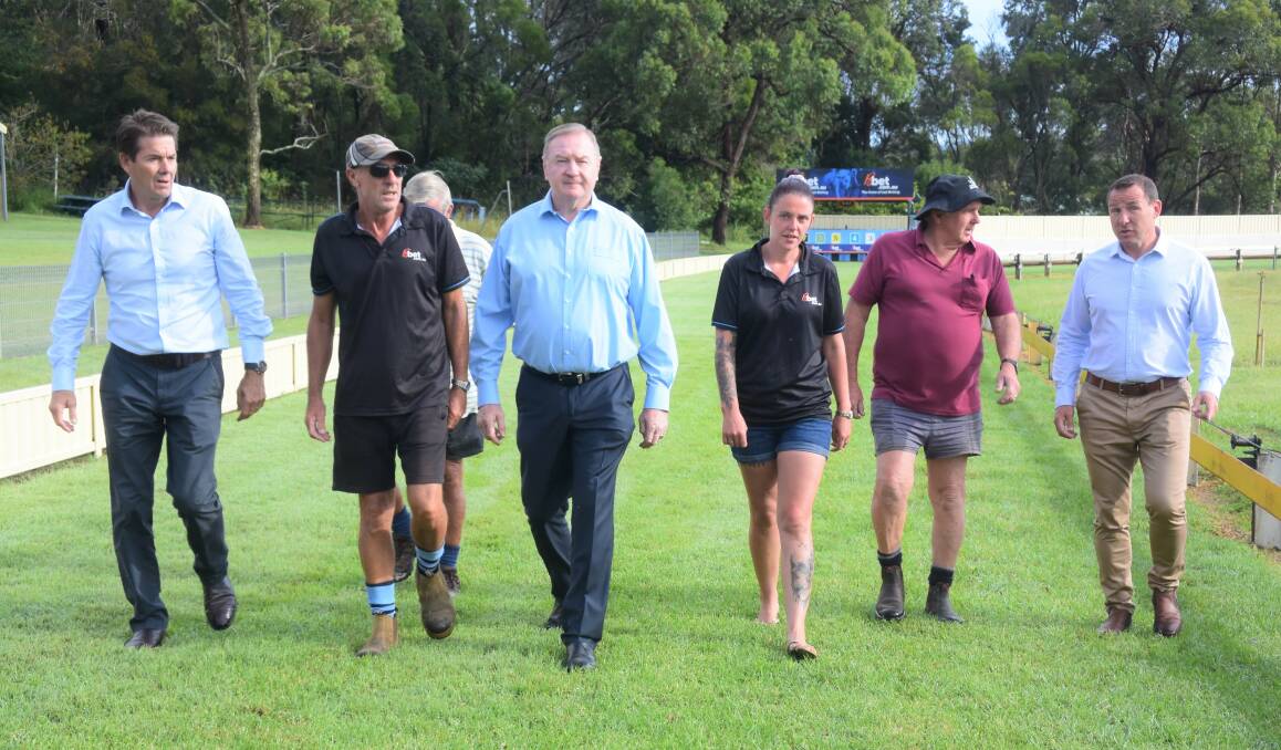 Track walk: Member for Myall Lakes Stephen Bromhead and NSW Better Regulation and Innovation Minister Kevin Anderson with Greyhound Racing NSW and Taree Greyhound Club representatives.