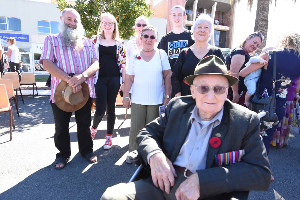A day to remember: World War II veteran George Weiley with his family at the Taree Anzac Day service. Photo: Scott Calvin.