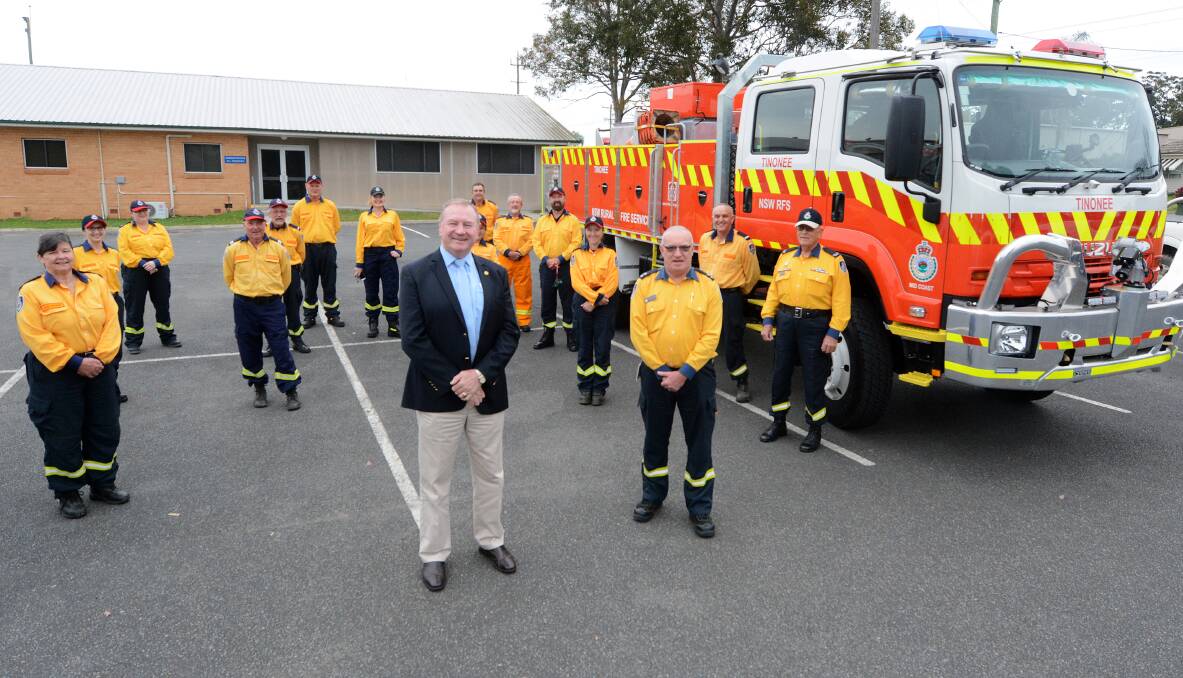 Member for Myall Lakes Stephen Bromhead with the Tinonee Rural Fire Service crew.