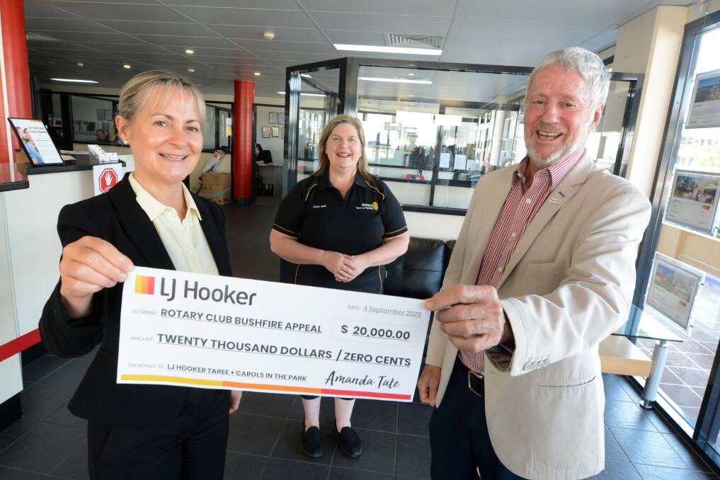 Generosity: LJ Hooker Taree's Amanda Tate presented the final donation to Rotary Club of Taree on Manning's Julie-Anne Booth and Maurie Stack. Photo: Scott Calvin.