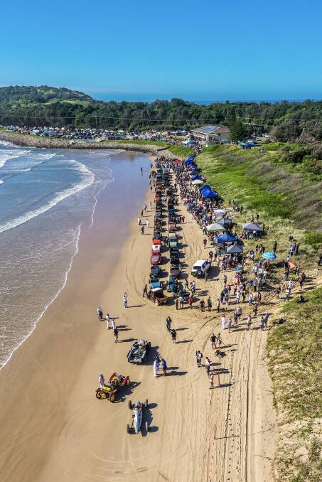 Vintage vehicles: RattleTrap IV drew a big crowd to Crowdy Head Beach on Saturday. Officials are yet to lock in a date to return in 2022. Photo: Bryce Weick from Aerial Perspective.