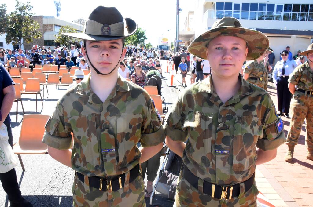 28th Army Cadet Unit Manning Valley recruits Gregory Green and Ali Boorer at the 2019 Anzac Day service in Taree.