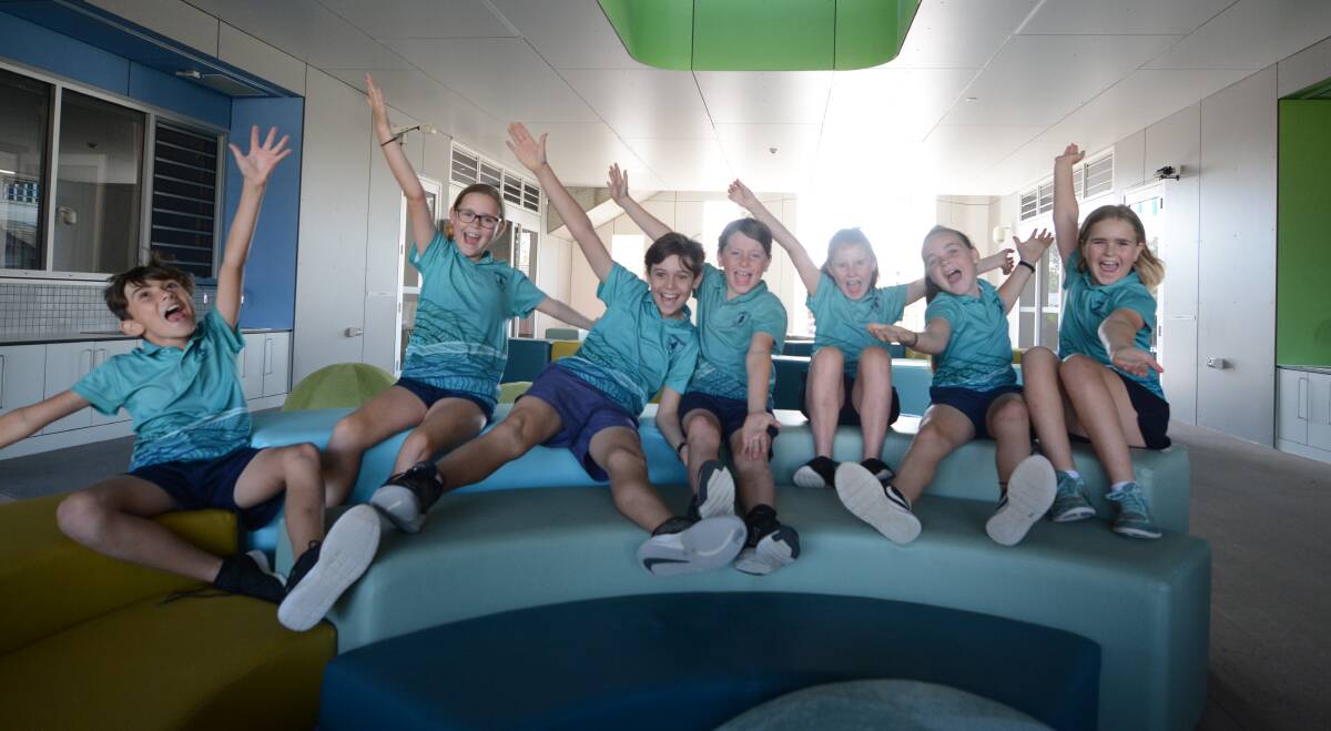Old Bar Public School year four students Lachlan Keen, Lily Miller, Madison Davies, Lucy Trotter, Koby Corcoran and Max Milligan were excited for the new building to open. Photo: Scott Calvin.