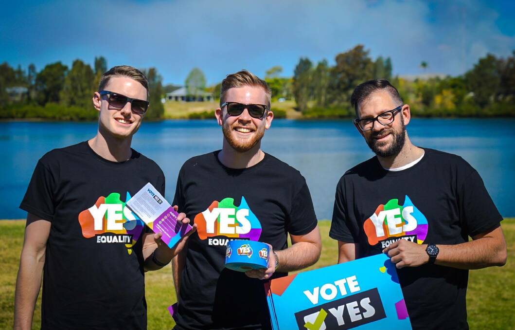 Mitchell Clout, Andrew Moore and Theo Comino visited Taree as part of the Marriage Equality Road Trip. Photo: Supplied.