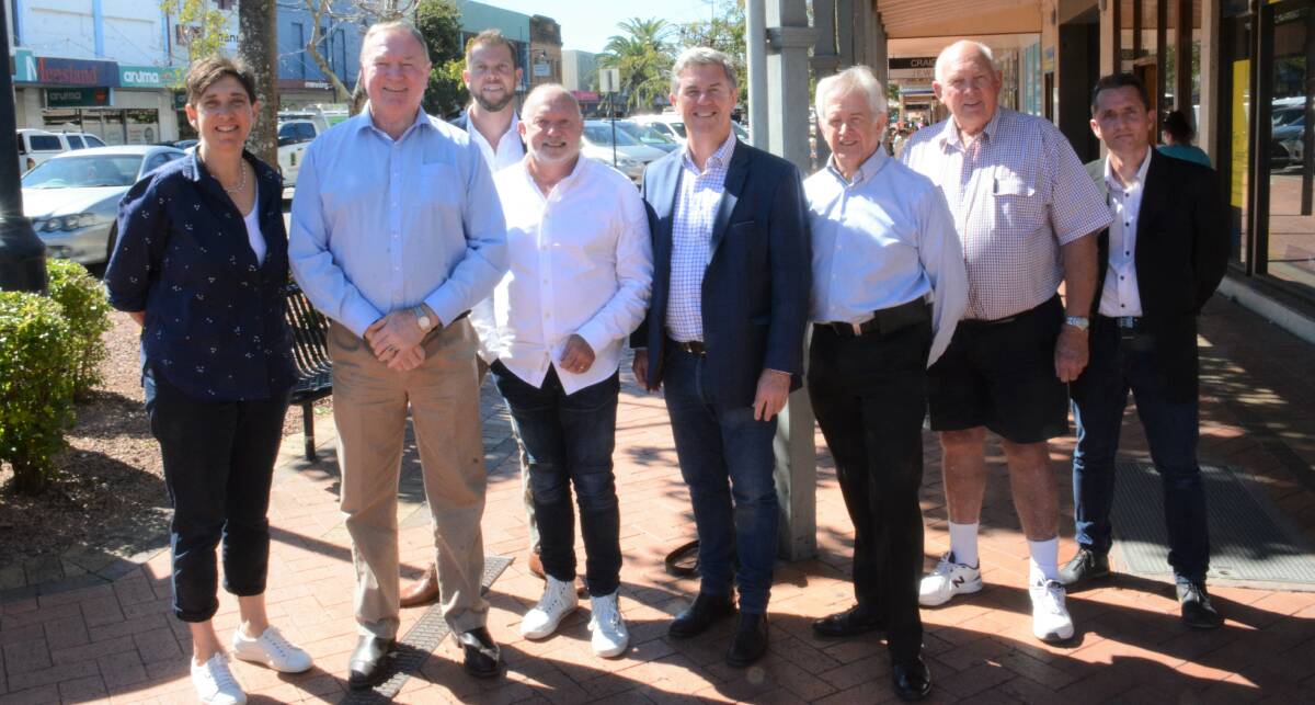 Connecting businesses: Megan Lewis, Stephen Bromhead, Ivor Thomas, Mike Parsons, Dr David Gillespie, Kellon Beard, Cliff Hoare and Paul Fellowes in Taree for the announcement. Photo: Rob Douglas.
