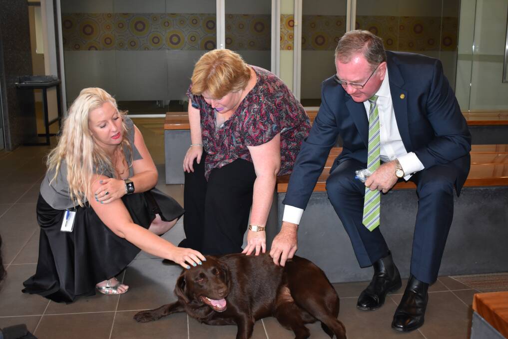 Anna Scene, Kerry Webb and Member for Myall Lakes Stephen Bromhead with Zoe the Labrador.