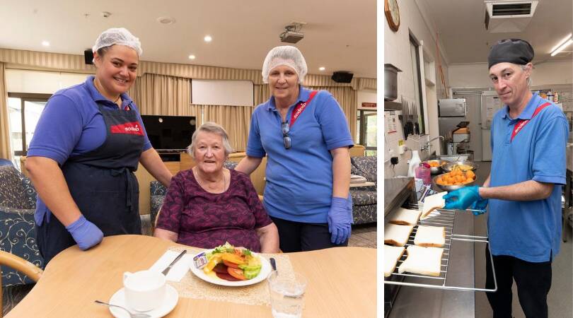 Ramari Carter and Leanne Leach with resident Dolly Denton at Storm Village (left) and Scott Martin in the kitchen cookign toast for residents.