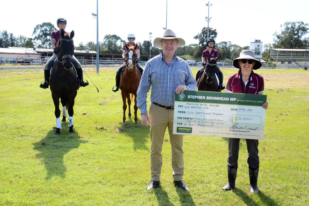 Manning Valley Dressage and Hacking Club members Maria Schwensen, Helen Zimic, Sui Watts and Janett Watts with Member for Myall Lakes Stephen Bromhead. Photo: Scott Calvin.