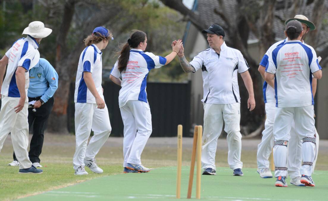 Old Bar player celebrate a wicket during a third grade clash with Taree West this season. The club will soon install new cricket nets at Esmond Hogan Oval. Photo: Scott Calvin. 