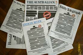 The redacted front pages of Australian newspapers protesting against press restrictions.