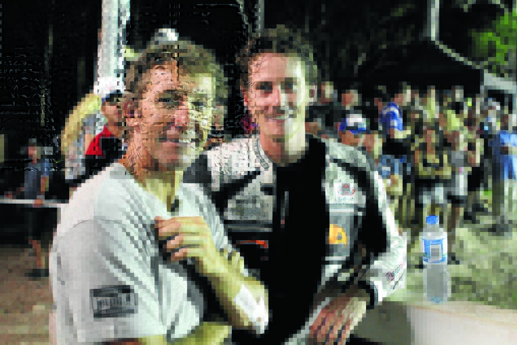 Excited about next year: Troy Bayliss, who lends his name to Taree Motor Cycle Club s classic, and Alex Cudlin who raced in his first Troy Bayliss Classic at the weekend  Carl Muxlow photo.