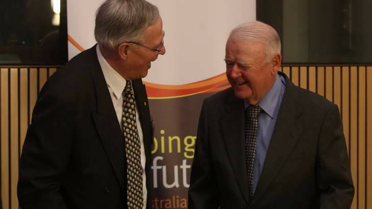 Former governor-general Sir William Deane and Admiral (Ret.) Chris Barrie at the launch in Canberra of a book of essays on asylum seeker and refugee policy. Photo: Andrew Meares