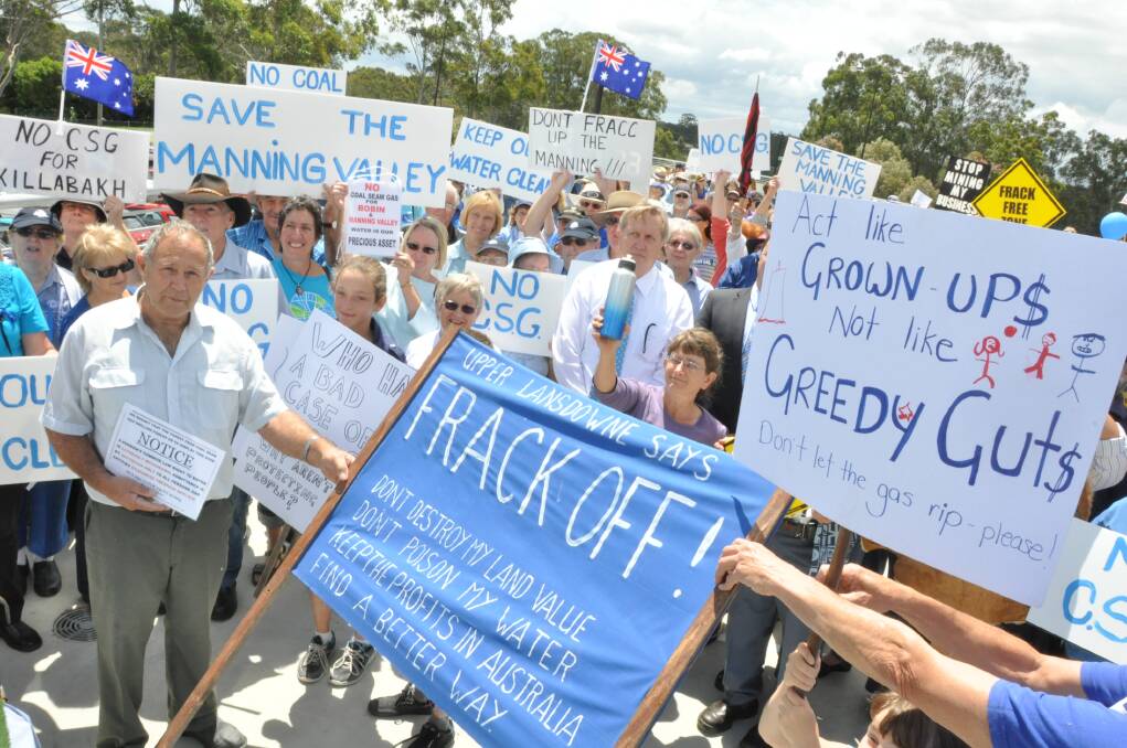 Many Manning residents have been in staunch opposition to the possibility of coal seam gas mining in the area. This photo was taken at the 'Project Blue' rally when the State government's inquiry into coal seam gas mining came to Club Taree on October 31, 2011. Hundreds of people, many wearing blue, turned out in response to Manning Alliance's call to use the day as an opportunity to protest.